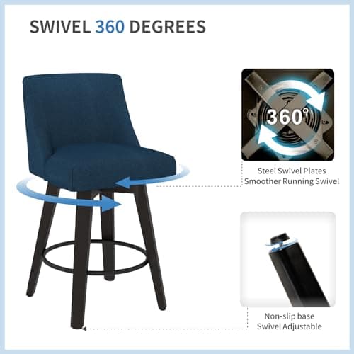 360°Swivel Counter Height Bar Stool Set, 26in Modern Navy Blue Kitchen Chair with Wooden Legs and Back.