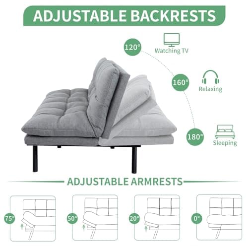 MUUEGM 71" Memory Foam Futon Sofa Bed, Adjustible Backrest, Light Grey Fabric