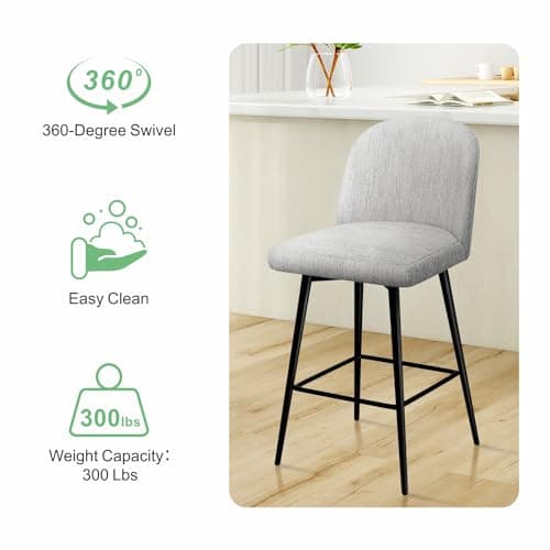 Modern 360° Swivel Bar Stools Set of 3, High Back Linen Fabric Counter Height Chairs