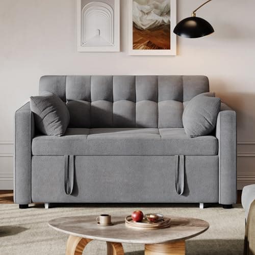 3-in-1 Cat-Scratch-Proof Grey Sofa Bed, 55" Living Room Loveseat with Pull-Out Bed and Adjust Backrest