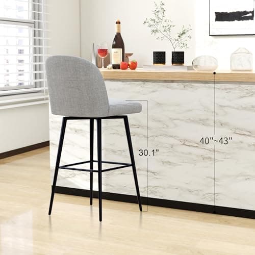 Modern Swivel Bar Stools Set of 2, High Back 30 Height with Metal Legs, Light Grey Linen Fabric Counter Height Bar Chair for Bar, Kitchen, Dining Room