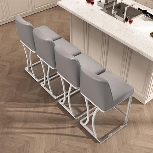 Grey Counter Stools with Back, Silver Metal Frame, Set of 4