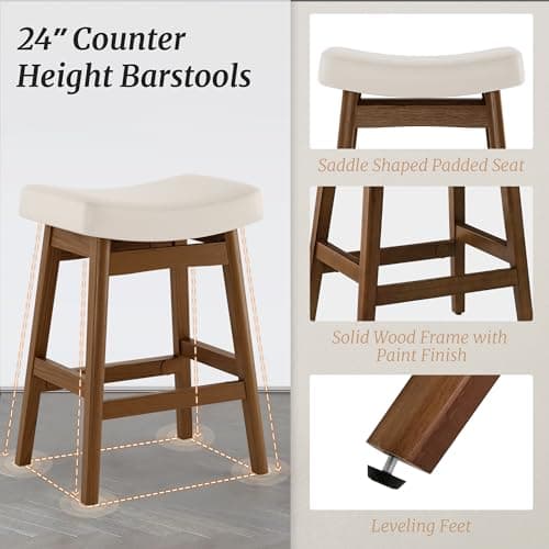 3-Piece Sturdy Wood Leg Bar Stools, Antique White Leather, 24 Inch Farmhouse Style