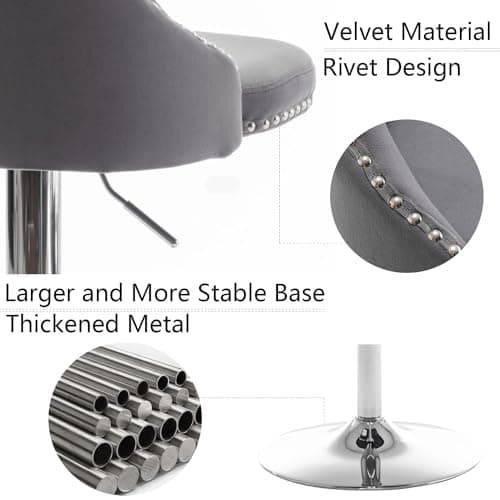 Velvet Swivel Bar Stools Set of 2 with Nailheads Trim and Button, Adjustable for Kitchen Island, Pub, Club (Grey)