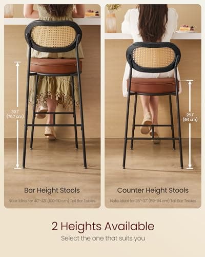 Counter Height Bar Stools Set of 2 with Rattan Back and Leather Upholstery
