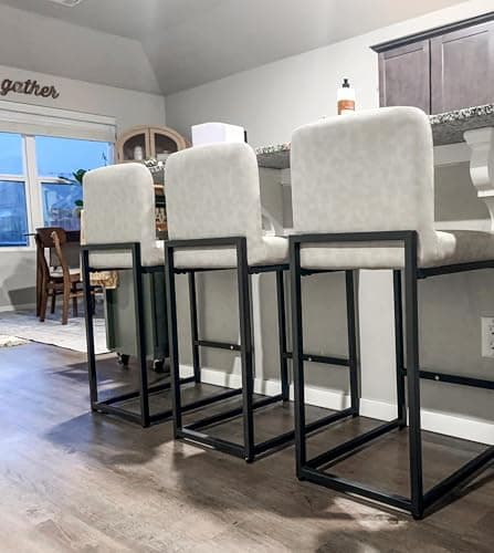ALPHA HOME Light Gray 24" Counter Height Bar Stool Set of 3 Pu Leather Backrest Footrest Steel Frame