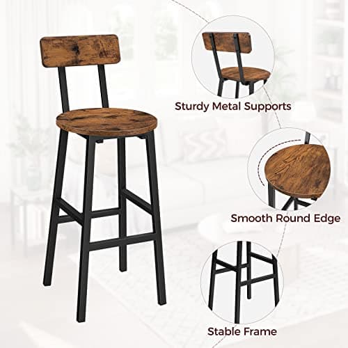Rustic Brown Bar Stools, Set of 2 with Footrest, 24.4" Backed Bar Chairs