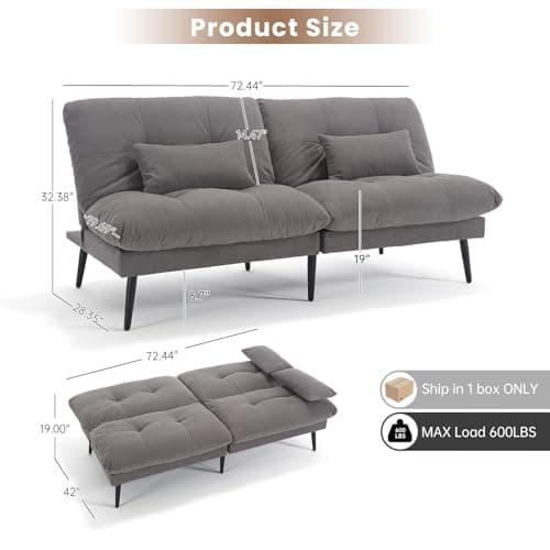 72'' Gray Corduroy Adjustable Backrest Sleeper SofaBed for Living Room, Bedroom, Office