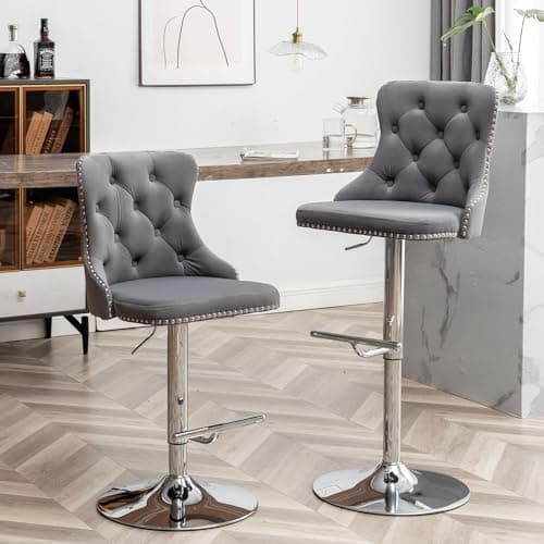 Velvet Swivel Bar Stools Set of 2 with Nailheads Trim and Button, Adjustable for Kitchen Island, Pub, Club (Grey)