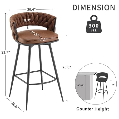 BFZ 26inch Modern Swivel Bar Stool Set, Suede Woven Back Footrest, Kitchen Island Furniture