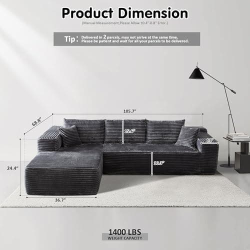 Ovios 104" Cloud Sectional with L-Shape Chaise, Plush Grey Corduroy Sofa