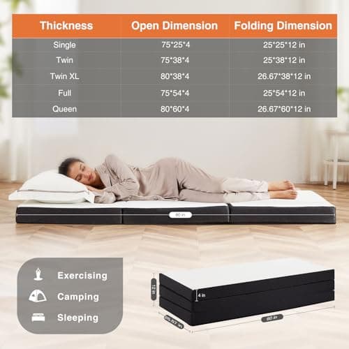 Sweetcrispy 4 Inch Tri-Fold Memory Foam Mattress Topper, White - Queen Size