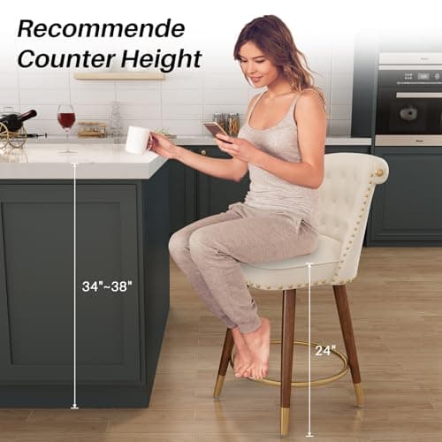 4-Piece 360° Swivel Bar Stool Set, Velvet Upholstered with Back and Footrest, Beige Fabric, Counter Height 24" Seat