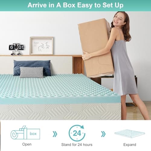 MUUEGM Cooling Gel Infused Queen Mattress Topper, Back Pain Relief & Ventilated Memory Foam, Blue