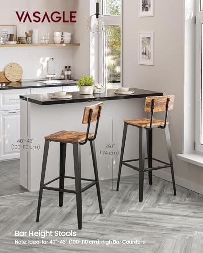 VASAGLE Industrial Style Bar Stools, Counter Height, 29.1" Tall, Brown & Black