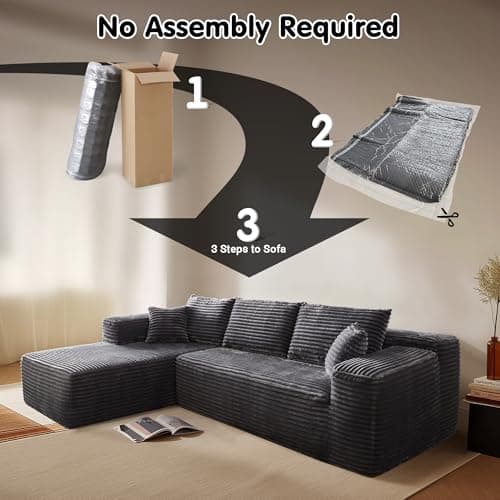 Ovios 104" Cloud Sectional with L-Shape Chaise, Plush Grey Corduroy Sofa