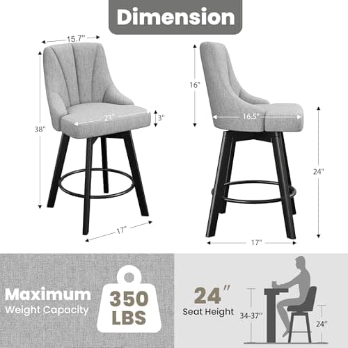 Light Gray Fabric Counter Bar Stools with Back, 24" Set of 2