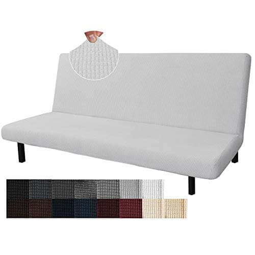 Stretch Futon Cover - Armless Sofa Slipcover - Non Slip Spandex - Soft Elastic Bands - Light Gray and White