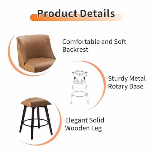 Modern Swivel Bar Stools Set of 2 with High Backrest, Faux Leather for Bar, Kitchen - Sienna Brown