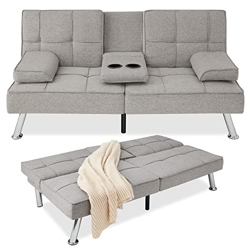 Best Choice Products Reclining Linen Folding Futon Sofa Bed, 2 Cupholders - Black