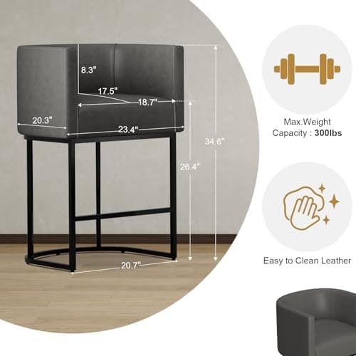 26.4 H Counter Height Bar Stools Set of 2, Modern Barrel Stools, Black Metal Frames, Upholstered Kitchen Island Stools