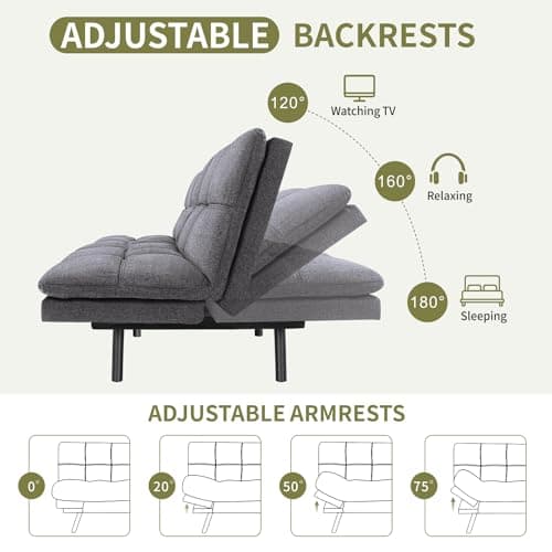 MUUEGM 71 Futon Couch with Memory Foam and Adjustable Backrest - Dark Grey