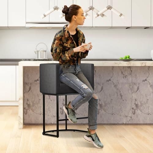 Counter Height Bar Stools with Back and Armrest, Black Metal Frames, Upholstered in Dark Grey Faux Leather