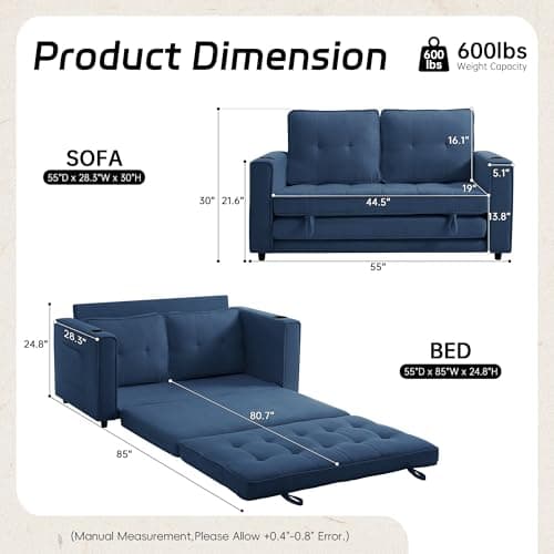 Dark Blue Folding Sleeper Sofa Bed for Small Spaces