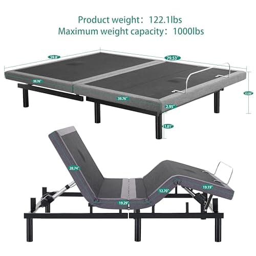 Adjustable Queen Size Bed Base with Lumbar Support, Massage, USB Ports, Wireless Remote - Grey