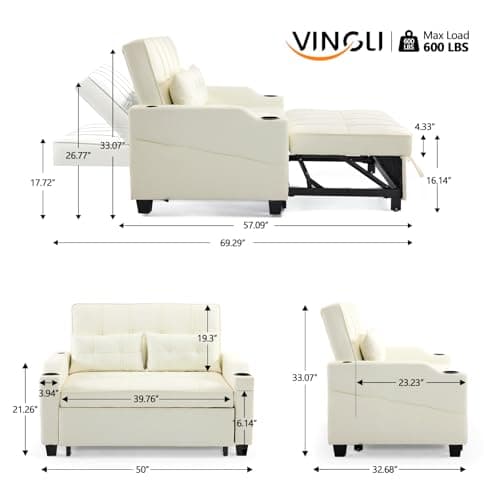 VINGLI Beige Faux Leather Pullout Sofa Bed with USB Ports