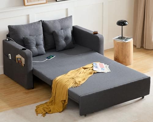 3 in 1 Full Size Loveseat Sleeper Sofa with Storage, USB, Grey