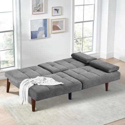 COLAMY Convertible Futon Sofa Bed, Light Grey, 2 Cup Holders