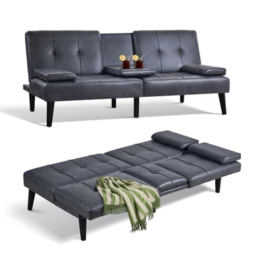 COLAMY Convertible Futon Sofa Bed, Light Grey, 2 Cup Holders