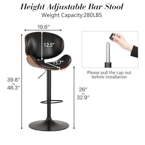 Black PU KCC Swivel Bar Stool Set, Adjustable Height, Footrest, Kitchen, Bar, Dining