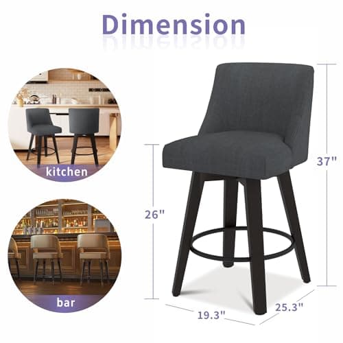 MUUEGM Set of 2 360° Swivel Bar Stools, 26 Height, Dark Grey Fabric Upholstered