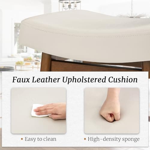 3-Piece Sturdy Wood Leg Bar Stools, Antique White Leather, 24 Inch Farmhouse Style