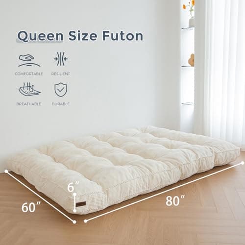 MAXYOYO 6" Tufted Queen Futon Mattress with Twisted Rope Edging, Thick Fabric & Shredded Foam (Beige)