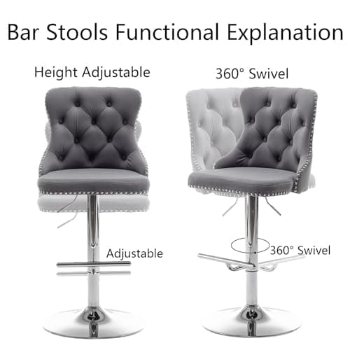 Velvet Swivel Bar Stools Set of 2 with Nailheads Trim and Button, Adjustable for Kitchen Island, Pub, Club (Grey)
