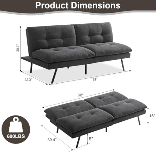 MUUEGM 68" Convertible Sofa Bed – Black Adjustable Futon with Folding Design