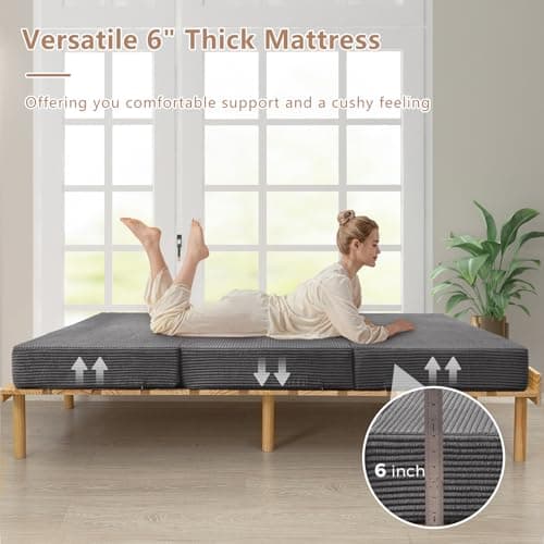 BYBYME 6 Inch Gel Tri-Fold Corduroy Mattress Topper, Washable Cover (Carbon Gray, Full)