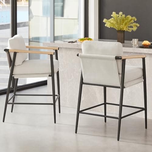 Watson & Whitely Mid Century Modern Barstools, Beige Fabric, 26" H