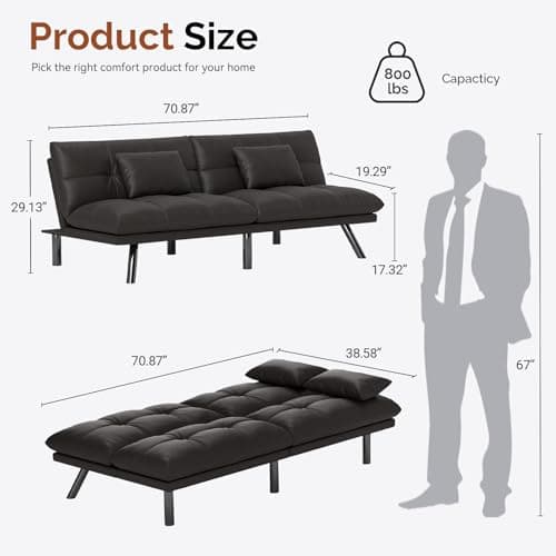 70 Inch Water-Resistant Light Black Futon Couch Bed Solid WoodLiving Room