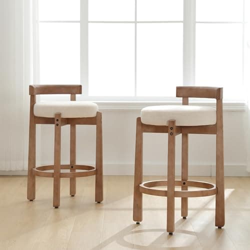 Mid-Century Linen Upholstered Bar Stools, Beige, Set of 2