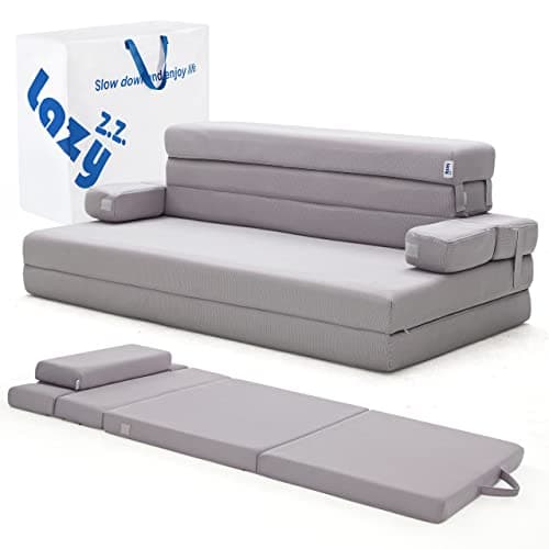 Dark Grey Foldable Mattress Couch with Headrest, 4 Inch Foam, Portable Queen, Camping & Road Trips