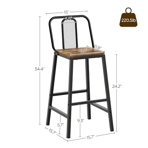 BY01L2BR Rustic Brown & Black Bar Stool Set, 2 Pack Counter Height Chairs
