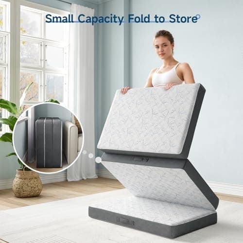 Tri Fold Memory Foam Mattress Topper, 4 Inch, Portable & Breathable, Gray