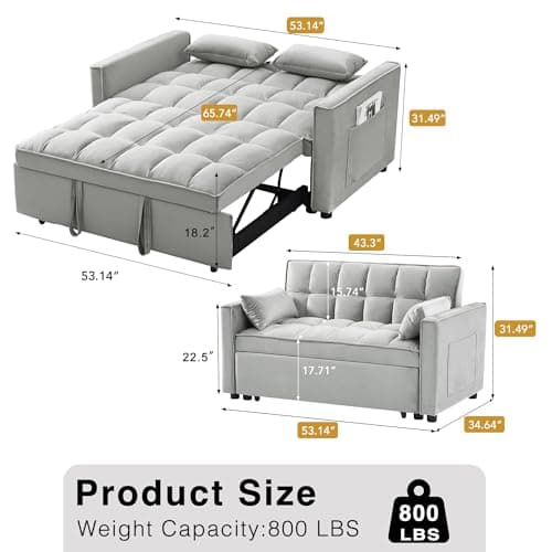 3-in-1 Grey Convertible Sleeper Sofa Bed with Side Pocket & Adjustable Backrest