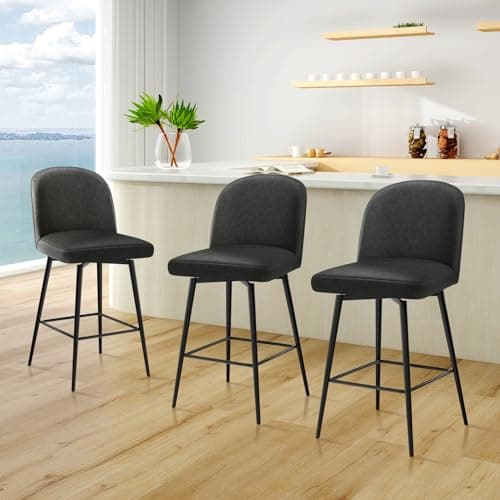 Black Upholstered Bar Stools Set of 3 with 360°Swivel, High Back and Metal Legs