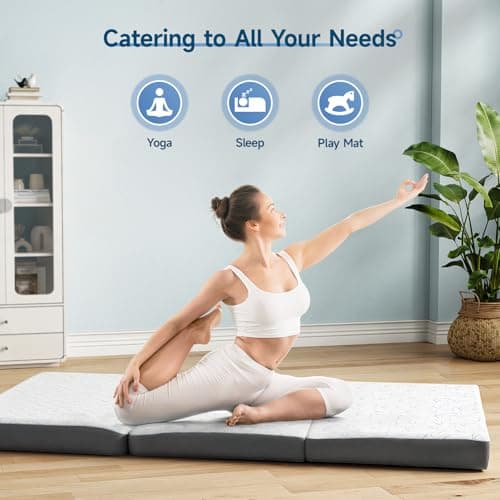 Tri Fold Memory Foam Mattress Topper, 4 Inch, Portable & Breathable, Gray