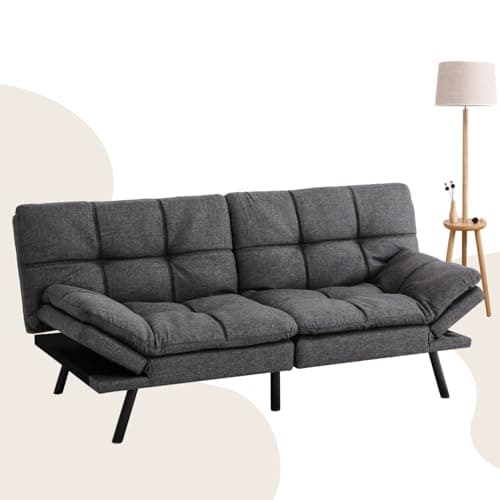 MUUEGM Linen Dark Grey Memory Foam Convertible Futon Couch Bed, 71" Adjust Backrest Armrests.